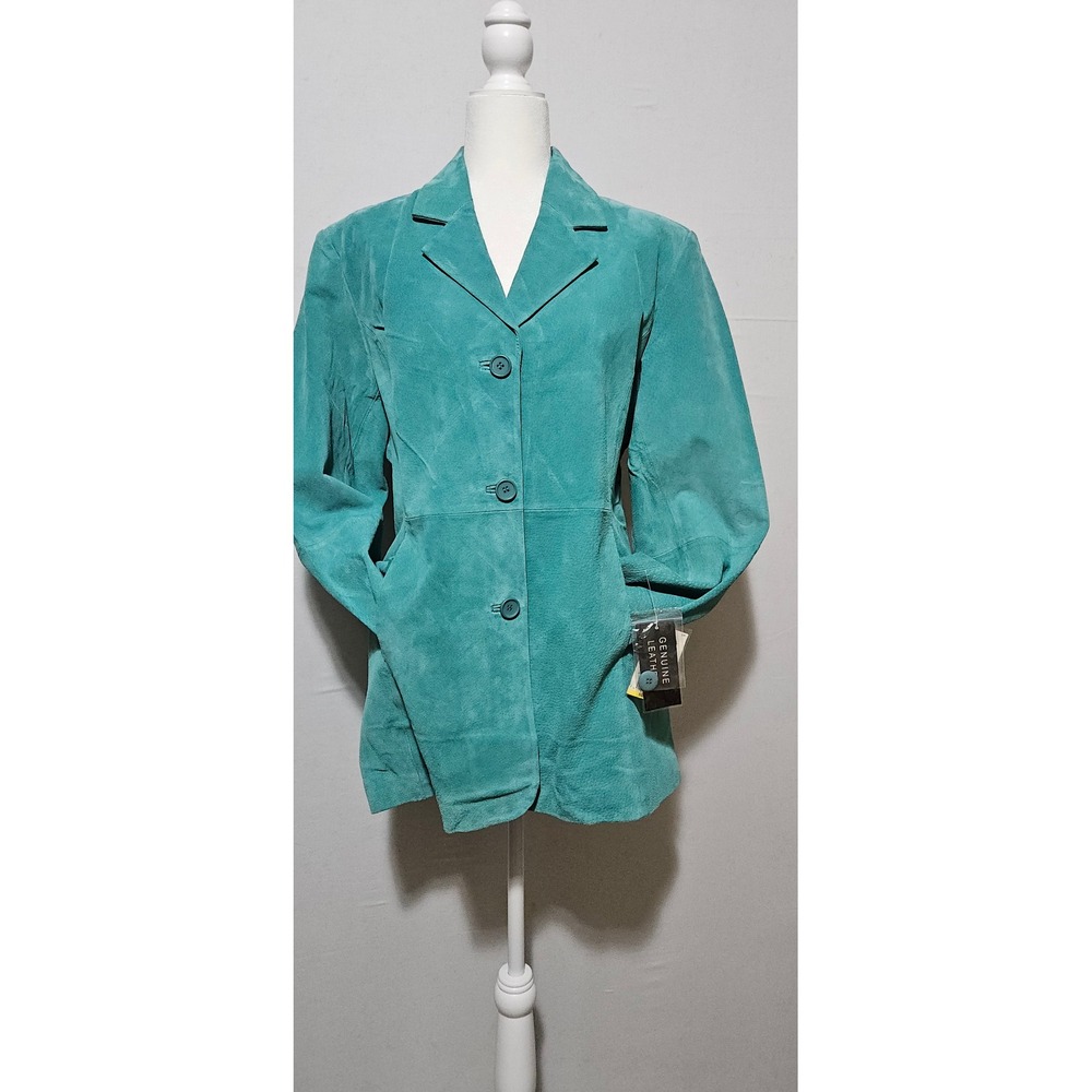 Passports Womens XL Teal Turquoise Genuine Suede Leather 3-Button Blazer Jacket